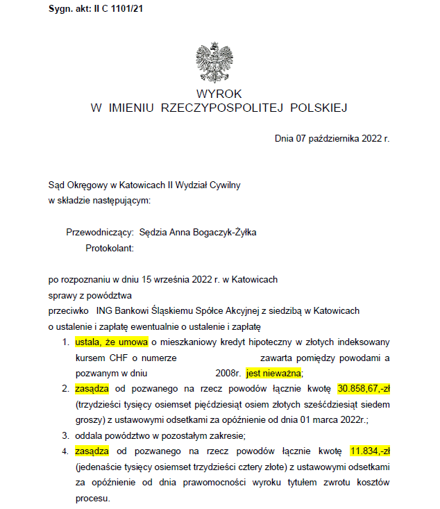 wyrok sądu unieważnienie umowy frankowej 